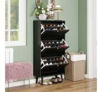 AIORBER Armoire à chaussures, trois étages, grande capacité de charge, séparateurs amovibles, portes tressées à la main, pour hall d'entrée, pièces à vivre, 60x24x121cm, noir