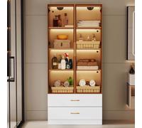 AIORBER Armoire de salle de bain, avec éclairage LED, plateau en verre, 2 grands tiroirs et 2 portes, grand espace de rangement, pour salle de bain, salon, 75x34,5x170cm, blanc