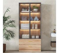AIORBER Armoire de salle de bain, avec éclairage LED, plateau en verre, 2 grands tiroirs et 2 portes, grand espace de rangement, pour salle de bain, salon, 75x34,5x170cm, naturel