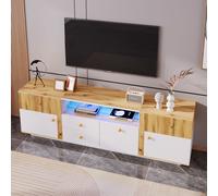 AIORBER Armoire TV, avec tiroirs, séparation en verre, effets lumineux LED, veines naturelles du bois,Lowboard, panneau de particules, pour salon, 180x35x50cm, blanc