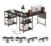 AIORBER Bureau Bureau d'angle Bureau informatique en L, plateau réversible, avec prise électrique EU, 140x140x74 cm, noir