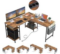 AIORBER Bureau Bureau d'angle Bureau informatique en L, réversible, avec prise électrique, 140x140x74 cm, brun