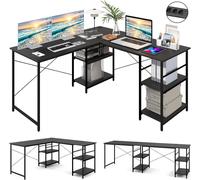 AIORBER Bureau d'angle en L, table d'ordinateur transformable avec 4 étagères et 3 trous de câbles, table de jeu pour 2 personnes et bureau, noir