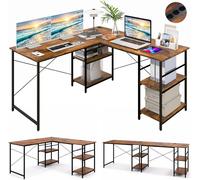 AIORBER Bureau d'angle en L, table d'ordinateur transformable avec 4 étagères et 3 trous de câbles, table de jeu pour 2 personnes et bureau, brun