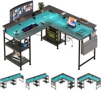 AIORBER Bureau en L, 140x140x85 cm, bureau d'angle réversible avec prise de courant et bande LED, bureau d'ordinateur gaming, noir