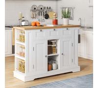 AIORBER Chariot de cuisine îlot, avec plan de travail rabattable, 3 tiroirs, 2 portes, prise USB & roulettes, 132 x 40(70) x 87 cm, style rustique, blanc