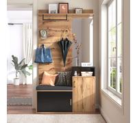 AIORBER Ensemble vestiaire avec miroir, compartiment de rangement supplémentaire,Grand espace de rangement, 4 patères, portemanteau, avec banc, ton bois, pour l'entrée, 105x40x191,5cm, noir