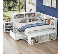AIORBER Lit d'enfant, 140x200 cm, lit simple multifonctionnel avec bibliothèque, armoire de rangement,tiroir et sommier à lattes,peu encombrant, pour chambre d'enfant,Blanc