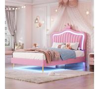 AIORBER Lit d'enfant, 90 x 200 cm, avec tête de lit coquillage & couronne, tête de lit réglable en hauteur, éclairage LED & similicuir, cadre en bois robuste, rose