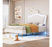 AIORBER Lit d'enfant, 90 x 200 cm, avec tête de lit coquillage & couronne, tête de lit réglable en hauteur, éclairage LED & similicuir, cadre en bois robuste, blanc
