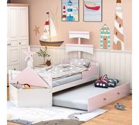 AIORBER Lit d'enfant, 90 x 200 cm, en forme de voilier avec lit à rallonge, en pin de qualité supérieure avec compartiments de rangement, stable et durable, rose