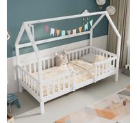AIORBER Lit d'enfant, 90x200 cm, Lit de maison avec toit, cheminée et clôture en bois de pin, sommiers à lattes stables, solide et durable, blanc