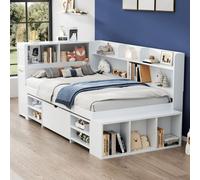 AIORBER Lit d'enfant, 90x200 cm, lit simple multifonctionnel avec bibliothèque, armoire de rangement,tiroir et sommier à lattes,peu encombrant, pour chambre d'enfant, blanc
