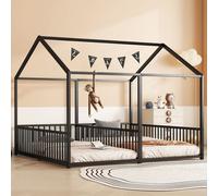 AIORBER Lit d'enfant, 90x200 cm, maquette de maison, lit double design, rampe sécurisée, cadre métallique renforcé, cadre en fer, lit métallique, noir