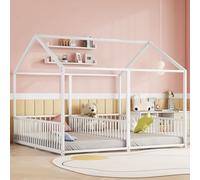 AIORBER Lit d'enfant, 90x200 cm, maquette de maison, lit double design, rampe sécurisée, cadre métallique renforcé, cadre en fer, lit métallique, blanc