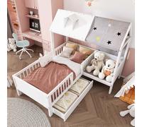AIORBER Lit d'enfant, lit de maison en bois, lit simple 90 x 200 cm,avec tiroirs de rangement, toile de tente & coussins, design multifonctionnel, facile d'entretien,Blanc