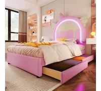 AIORBER Lit d'enfant, lit rembourré, 200 x 90 cm, sans matelas, PU & MDF, rampe de lumière colorée intégrée, 2 tiroirs, tête de lit en forme de licorne, rose