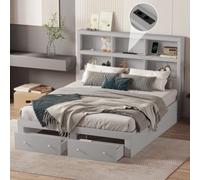 AIORBER Lit double, 160 x 200 cm, panneau de particules, tête de lit avec 6 compartiments de rangement, avec prise de charge USB, 2 tiroirs au bout du lit, lit plateforme,Gris