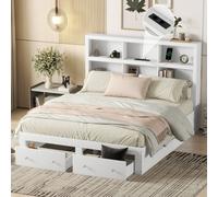 AIORBER Lit double, 160 x 200 cm, panneau de particules, tête de lit avec 6 compartiments de rangement, avec prise de charge USB, 2 tiroirs au bout du lit, lit plate-forme,Blanc