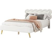 AIORBER Lit plat, lit double rembourré, 140x200 cm, avec sommier à lattes, PU+MDF, forme de nuage, design riveté, pieds en métal, pour chambre d'enfant, blanc