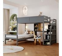 AIORBER Lit superposé, 90x200 cm, avec bureau et espace de rangement, lit superposé design, en pin massif, gain de place, lits superposés, escalier de sécurité, gris