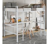 AIORBER Lit superposé, 90x200cm,en acier, avec bureau, étagères, lit surélevé avec protection contre les chutes et échelle, sommier à lattes, lit d'enfant lit d'adolescent, blanc