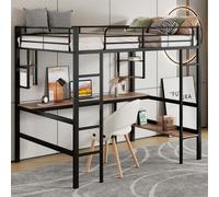 AIORBER Lit superposé, 90x200cm,en acier, avec bureau, étagères, lit surélevé avec protection contre les chutes et échelle, sommier à lattes, lit d'enfant lit d'adolescent, noir