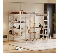 AIORBER Lit superposé, 90x200cm,en acier&MDF, avec table,3 grandes étagères,escalier&rampe, lit surélevé avec sommier à lattes,adolescents,lit de chambre d'enfant, blanc