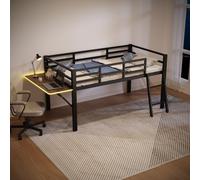 AIORBER Lit surélevé, 200x90cm, cadre en fer avec garde-corps & échelle, bureau pliable, éclairage d'ambiance LED avec télécommande, lit pour adolescents, noir