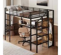 AIORBER Lit surélevé, 90x200 cm, avec échelle de rangement, beaucoup d'espace de rangement, cadre en fer, robuste, armoire ouverte, lits superposés, noir