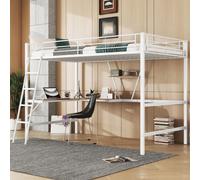 AIORBER Lit surélevé, 90x200cm,cadre en acier, bureau en forme de L&1 étagère,avec rails&échelle fixe, espace libre,pour résidences universitaires&chambres d'enfants, blanc