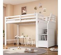 AIORBER Lit surélevé pour enfants, 90 x 200 cm, avec sommier à lattes, bois de pin & MDF, garde-corps sur le pourtour, échelle avec espace de rangement, hauteur ouverte sous le lit, blanc