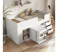 AIORBER Lits d'enfant, 90 x 200 cm, avec échelle, bureau extensible, grand espace de rangement, armoire amovible, MDF, gain de place, blanc