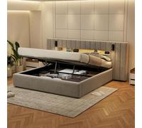 AIORBER Lits rembourrés,160 x 200 cm,barre lumineuse LED,avec lampe de chevet,avec espace de rangement,cadre de lit en velours,lits doubles,avec connexion USB,Gris