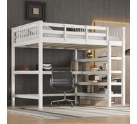 AIORBER Lits superposés,140 x 200 cm, avec bureau et étagère, en pin & MDF,peu encombrant et sûr, pour chambres d'enfants & appartements d'étudiants,Blanc
