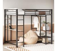 AIORBER Lits superposés,140x200cm, lit simple en métal avec table de travail, avec échelle, design d'armoire & compartiments de rangement, peu encombrant & stable,Noir