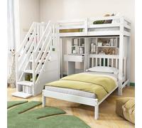 AIORBER Lits superposés, 90 x 200 cm, avec bureau, étagères et espace de rangement, bois de pin robuste, sommier à lattes inclus, Lit d'enfant multifonctionnel, Blanc