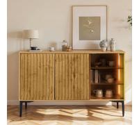 AIORBER Sideboard, avec barre de LED, porte en verre, grand espace de rangement, étanche à la poussière, sécurité anti-basculement, robuste et stable, pour chambre à coucher, cuisine, 120x35x57cm, nat