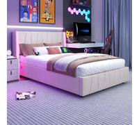 AIORBER Sommier, 140x200cm, Tête de lit avec barre de LED 16 couleurs, 2 prises USB & 1 prise Type-C, Boxspring hydraulique avec espace de rangement, velours