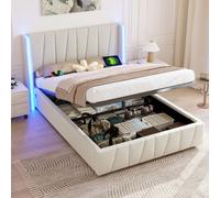 AIORBER Sommier, 160x200cm, Tête de lit avec barre de LED 16 couleurs, 2 prises USB & 1 prise Type-C, Boxspring hydraulique avec espace de rangement, velours