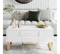 AIORBER Table basse, avec deux tiroirs et deux portes, Design de porte, Grand espace de rangement, Poignées dorées, Pour les pièces à vivre, 100 x 50 x 45 cm, Blanc