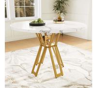 AIORBER Table de salle à manger, structure en métal, bouton réglable, pieds dorés, places assises 4-6, marbrée, pour salle à manger et salon, 100 x 100 x 76 cm, blanc