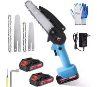 AIORBER Tronçonneuse à batterie, mini, chaîne 4+6 pouces, avec 2 batteries, économie d'énergie, silencieuse, 2000 mAh,pour le jardinage, la coupe de bois, les arbustes, bleu
