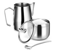 Aipeeo Pichet Lait inox,2 pcs Pot à Lait et pot à Sucrier Set,Sucrier avec Couvercle en Verre,Milk pitcher carafes pour la création Barista Cappuccino Espresso