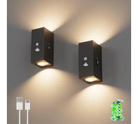 Aipsun 2 pièces Applique murale LED rechargeable avec détecteur de mouvement Noir, 6000mAh, Applique murale sans fil avec 3 modes, 6W 3000K blanc chaud LED pour escalier, couloir, salon, garage