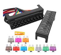 Aiqeer 10 Voies Boîte à Fusible de Voiture, 2 Entrées 10 Sorties Standard Porte-Fusible à Lame, avec Pré-Câblé et 10 Pièces Standard Fusibles à Lame (12V / 24V / 32V / 48V Universel)