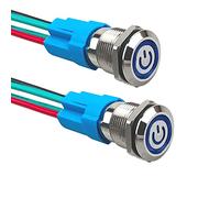 Aiqeer 2 Pièces 12 mm Commutateur Bouton-Poussoir Auto-Bloquant, 12V / 24V 3A Interrupteur à Bouton-Poussoir en Acier Inoxydable Étanche IP66, avec Prise Pré-Câblée (LED Bleu)