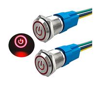 Aiqeer 2 Pièces 16 mm Commutateur Bouton-Poussoir Auto-Bloquant, 12V / 24V 5A Interrupteur à Bouton-Poussoir en Acier Inoxydable Étanche IP67, avec Prise Pré-Câblée (LED Rouge)