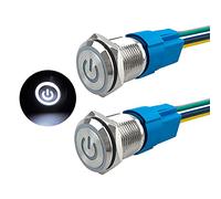 Aiqeer 2 Pièces 16 mm Commutateur Bouton-Poussoir Auto-Bloquant, 12V / 24V 5A Interrupteur à Bouton-Poussoir en Acier Inoxydable Étanche IP67, avec Prise Pré-Câblée (LED Blanc)