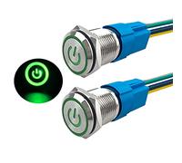 Aiqeer 2 Pièces 16 mm Commutateur Bouton-Poussoir Auto-Bloquant, 12V / 24V 5A Interrupteur à Bouton-Poussoir en Acier Inoxydable Étanche IP67, avec Prise Pré-Câblée (LED Vert)